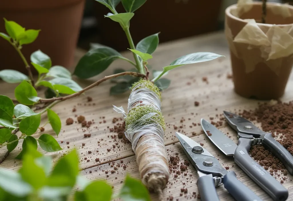 Close-up of air layering propagation on a woody plant stem showing roots forming in moss.