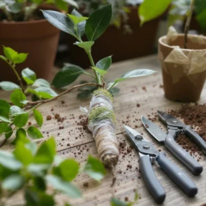 Close-up of air layering propagation on a woody plant stem showing roots forming in moss.
