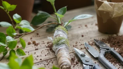 Close-up of air layering propagation on a woody plant stem showing roots forming in moss.