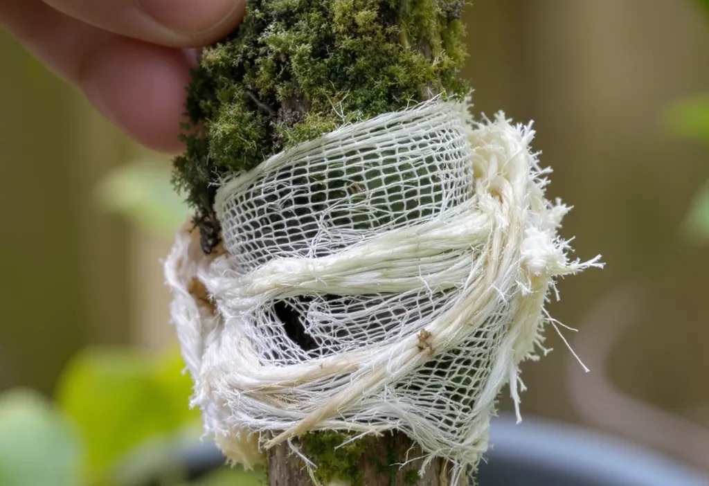 Close-up of a failed air layering attempt showing dry sphagnum moss wrapped around a tree branch with no visible roots.