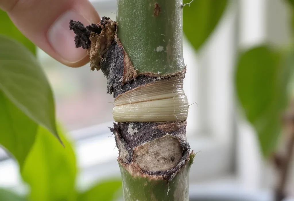 Close-up of an incorrect ring cut on a plant stem during air layering, showing bark removal issues.