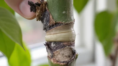 Close-up of an incorrect ring cut on a plant stem during air layering, showing bark removal issues.