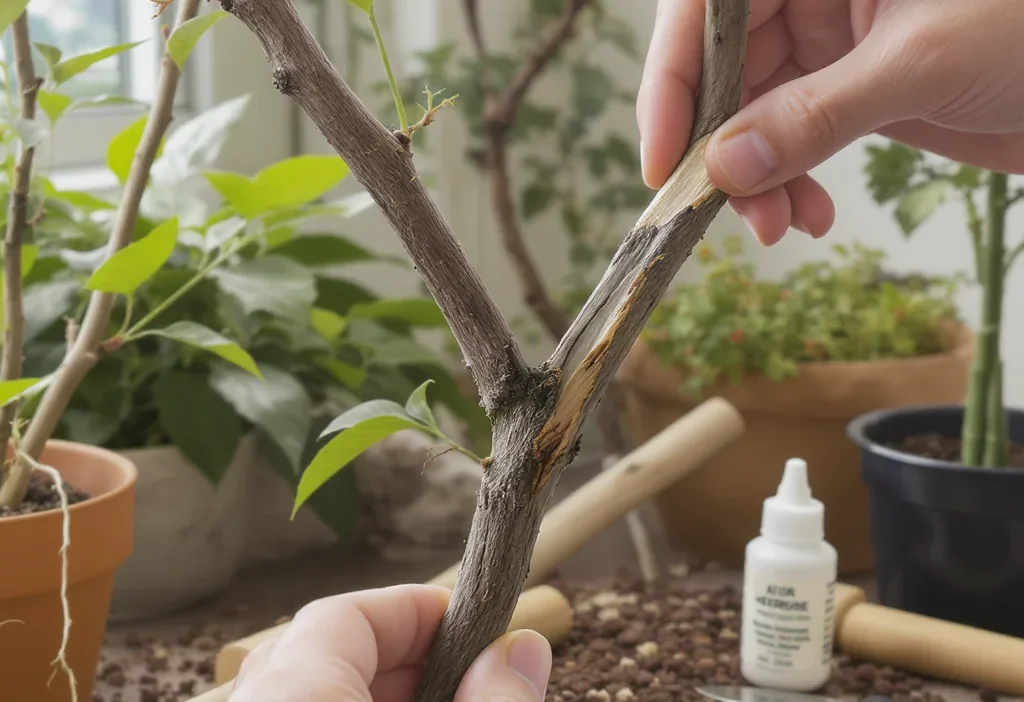 Step-by-step air layering technique on a thick tree branch showing moss wrap and root development.