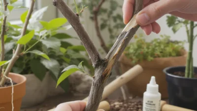 Step-by-step air layering technique on a thick tree branch showing moss wrap and root development.