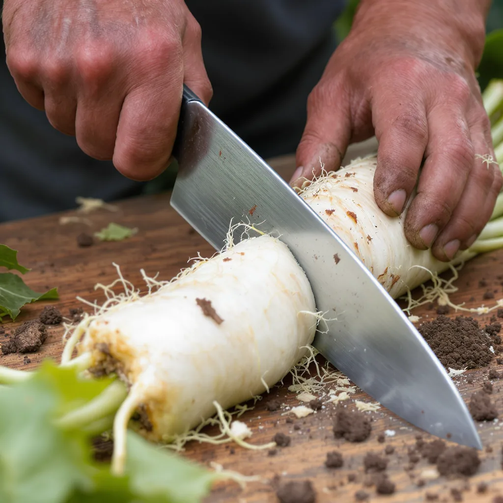 Hands Dividing A White Hosta Rhizome With Knife