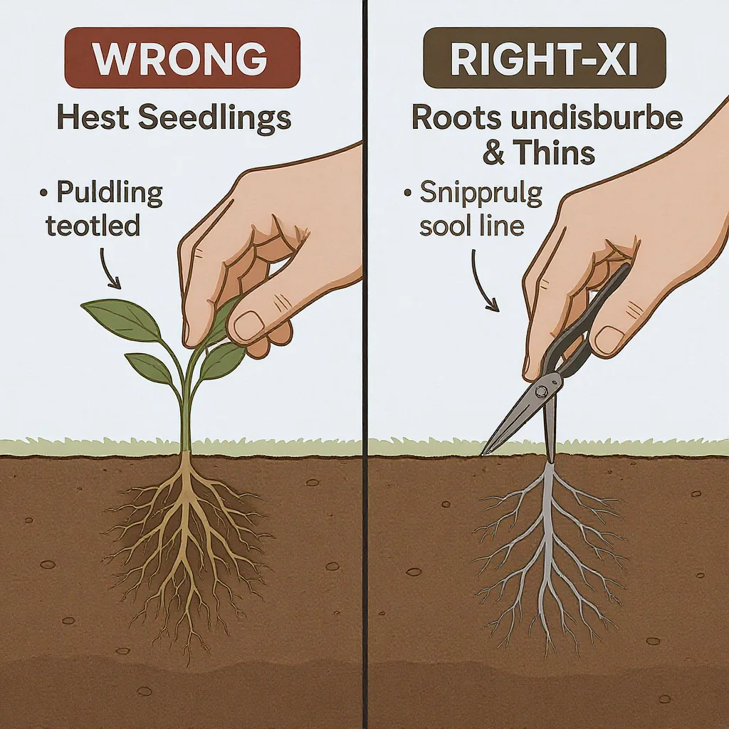 Illustration Comparing Incorrect Seedling Thinning By Pulling With Correct Method