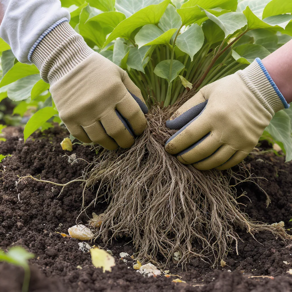 Hands Dividing A Hosta Plant Clump Showing The Root System