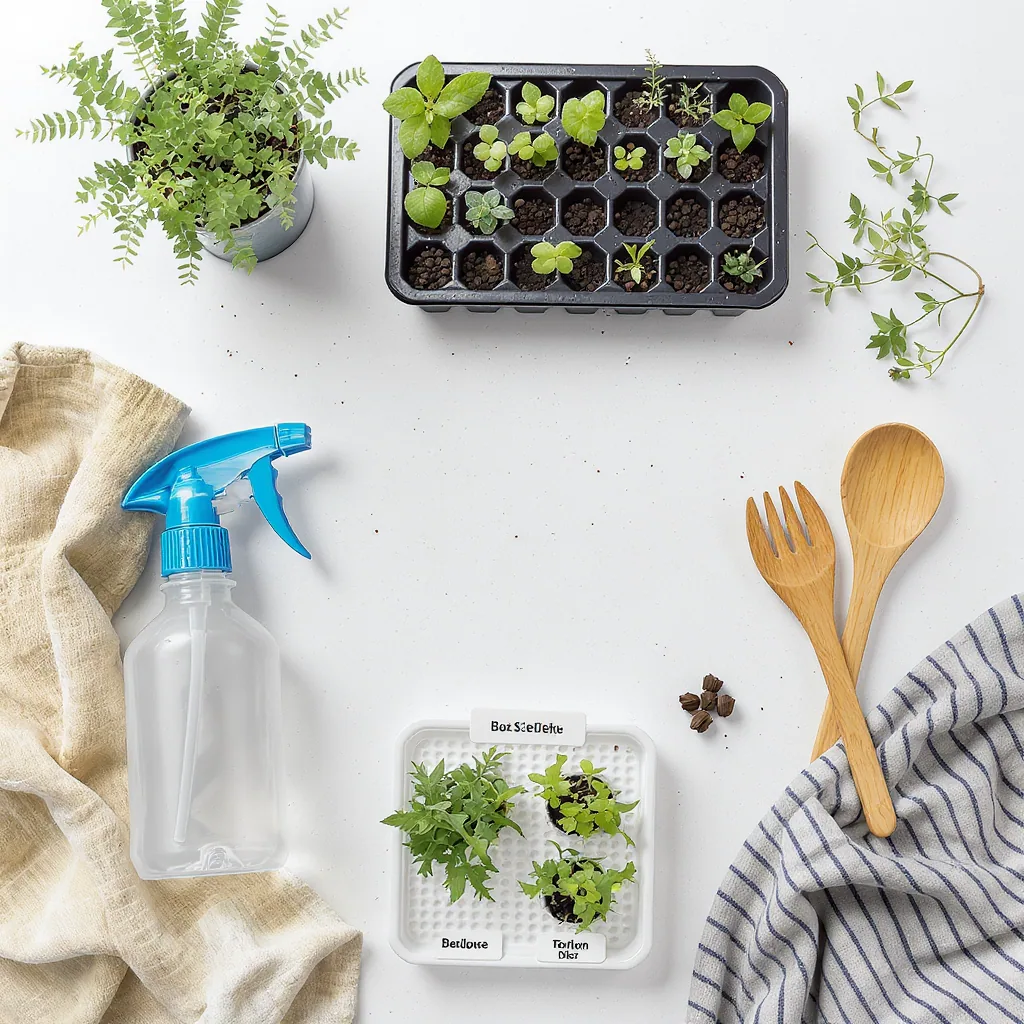 Flat Lay Of Organized Gardening Workspace With Seed Trays And