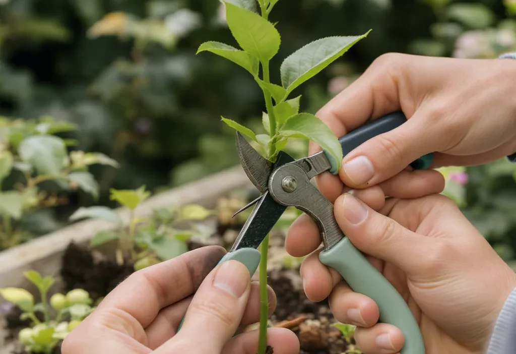 Close-up of a gardener grafting a fruit tree branch using the whip and tongue technique
