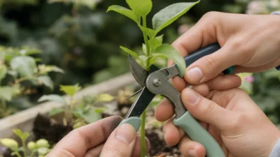 Close-up of a gardener grafting a fruit tree branch using the whip and tongue technique