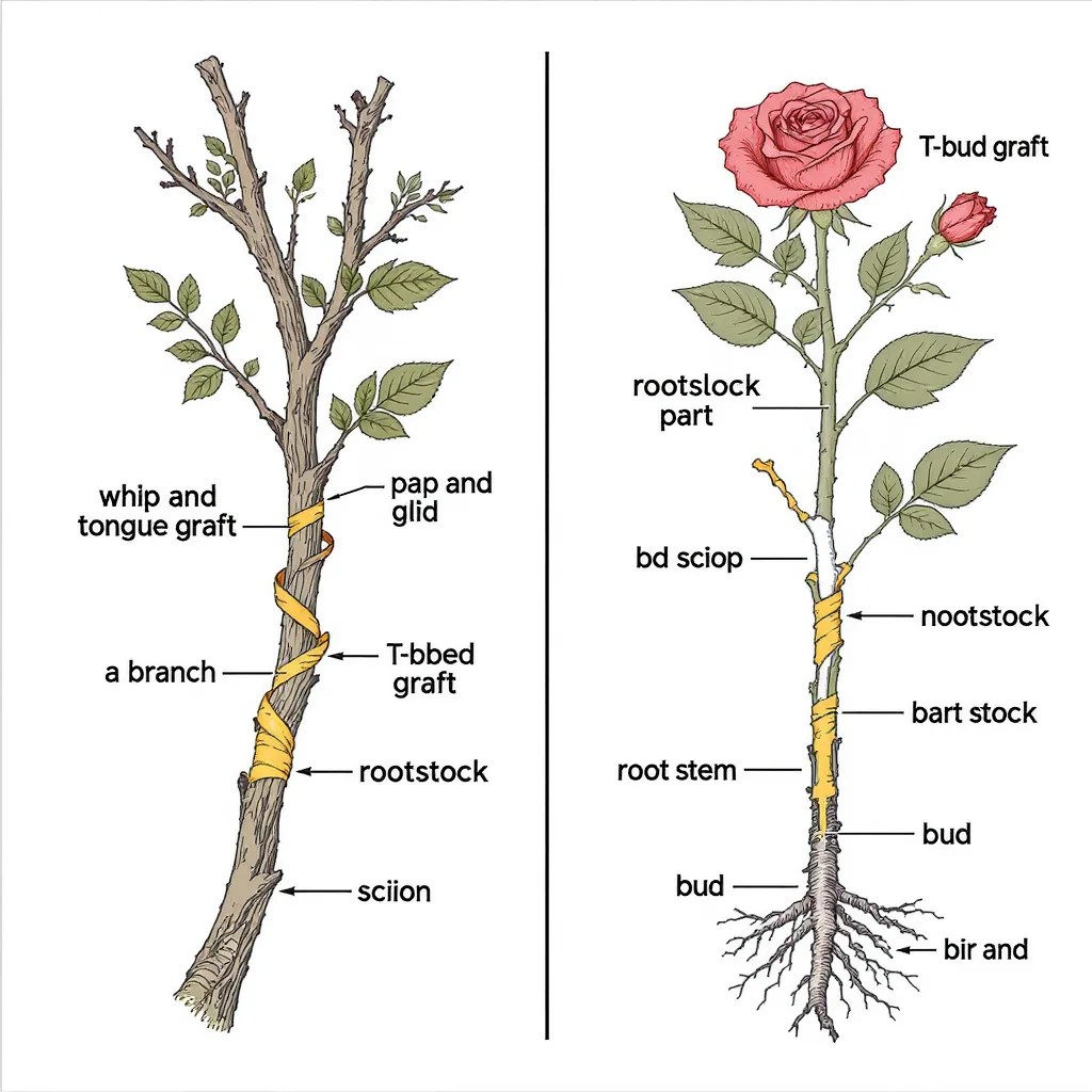 Illustration Comparing Whip And Tongue Graft With T-bud On Plants