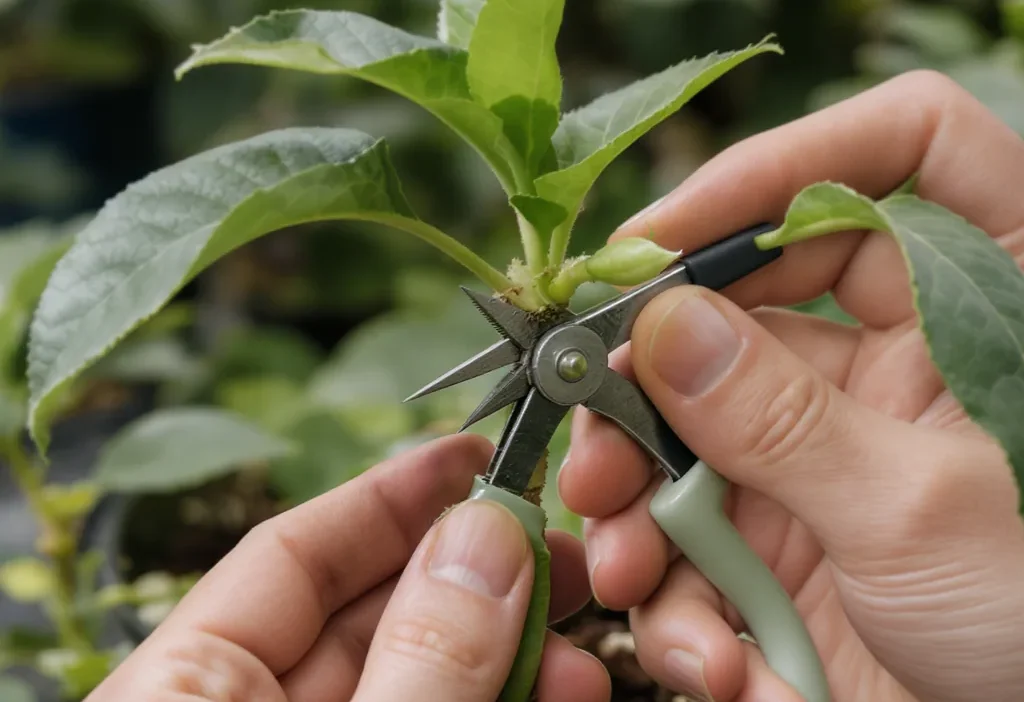Close-up of a successful plant graft union with new growth on a fruit tree branch.