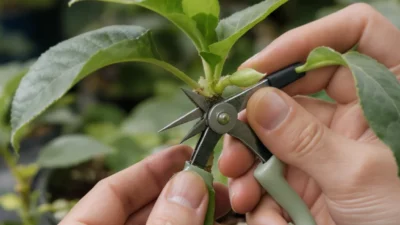 Close-up of a successful plant graft union with new growth on a fruit tree branch.