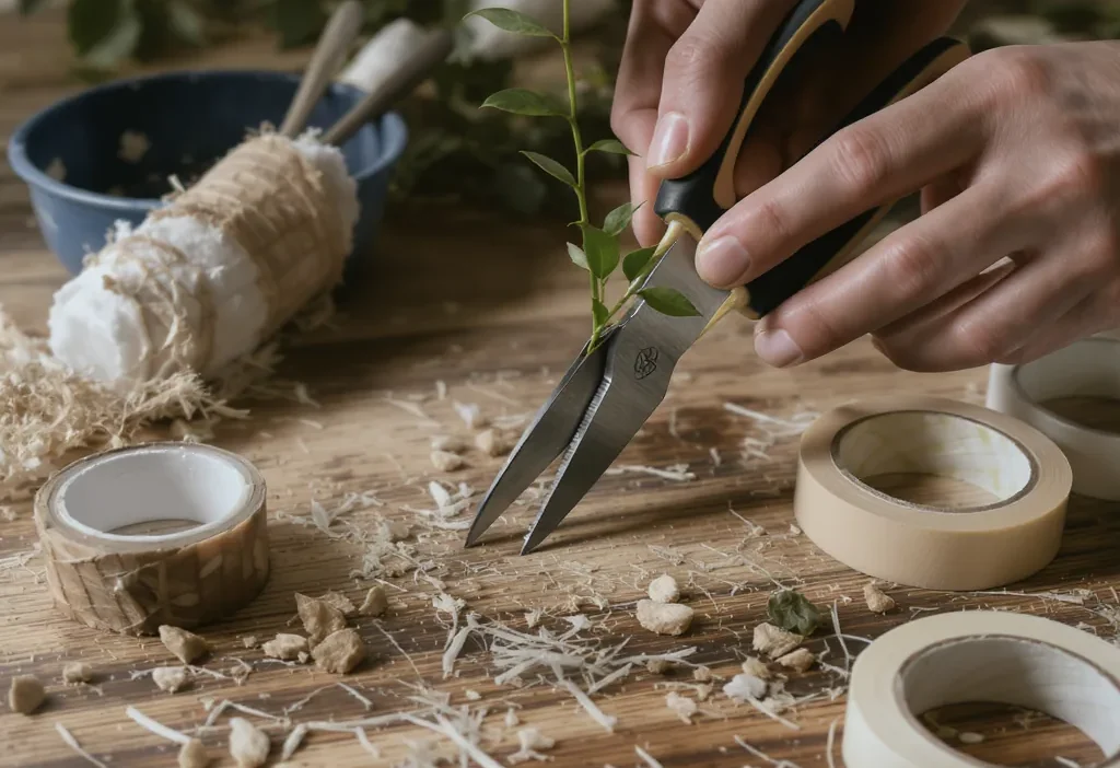 Close-up of a gardener's hands making a precise cut on a plant stem for grafting, with tools and wrap nearby.