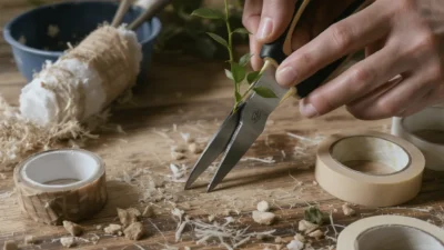 Close-up of a gardener's hands making a precise cut on a plant stem for grafting, with tools and wrap nearby.
