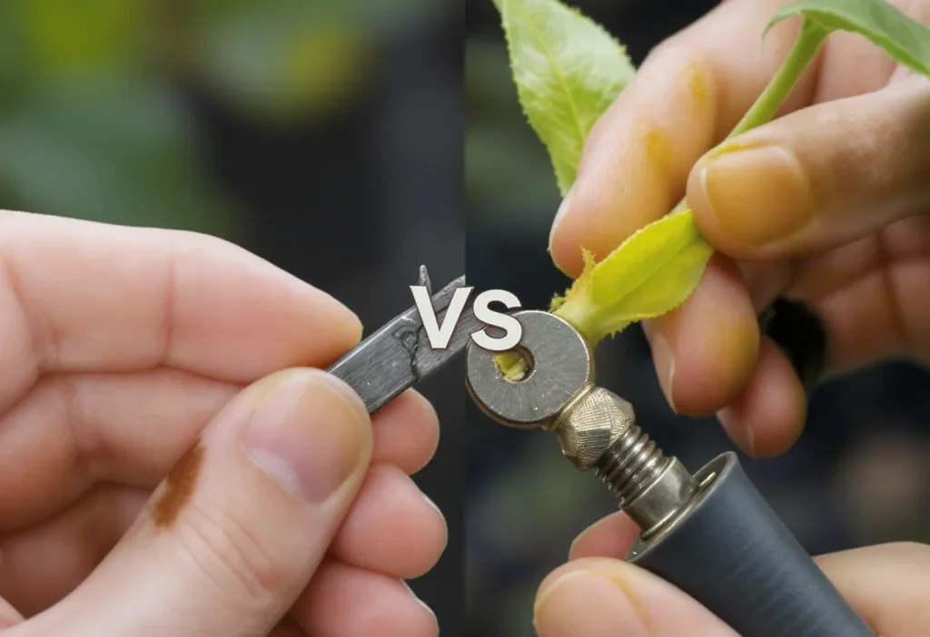 Side-by-side comparison of plant grafting and budding techniques on fruit tree branches.