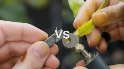 Side-by-side comparison of plant grafting and budding techniques on fruit tree branches.