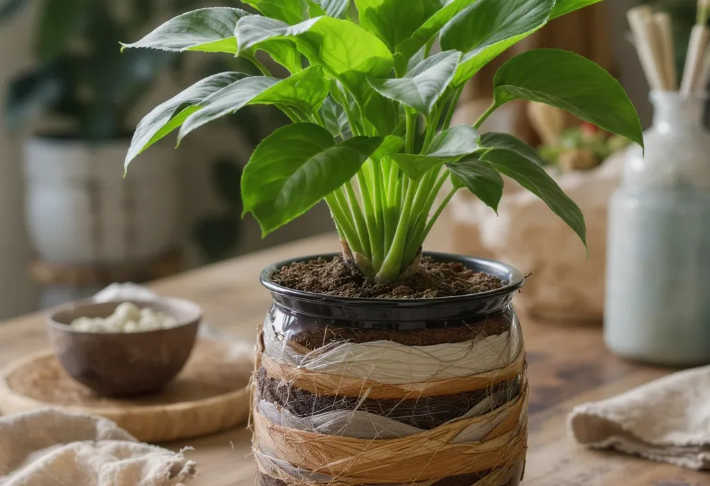 Step-by-step diagram showing air layering propagation on a plant stem with roots forming in moss.