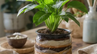 Step-by-step diagram showing air layering propagation on a plant stem with roots forming in moss.