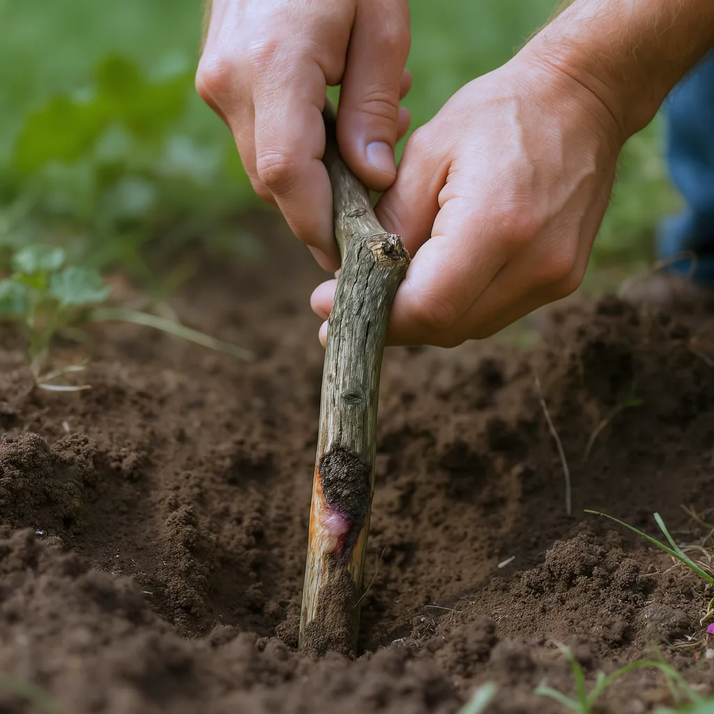 Hands Pegging A Wounded Raspberry Cane Into Soil For Propagation.