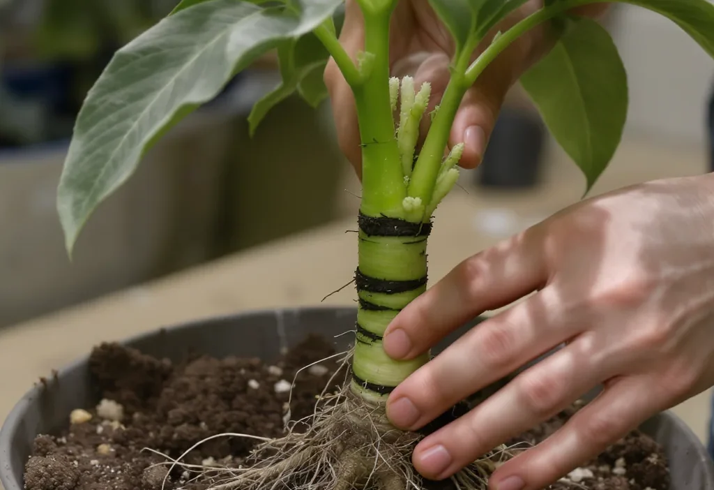 Step-by-step layering propagation checklist showing pinning a stem, covering with soil, and checking root growth timing.
