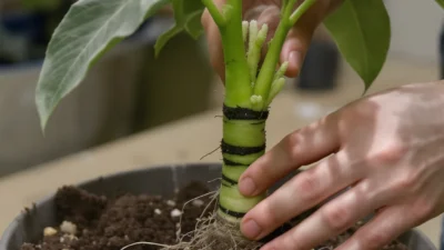 Step-by-step layering propagation checklist showing pinning a stem, covering with soil, and checking root growth timing.