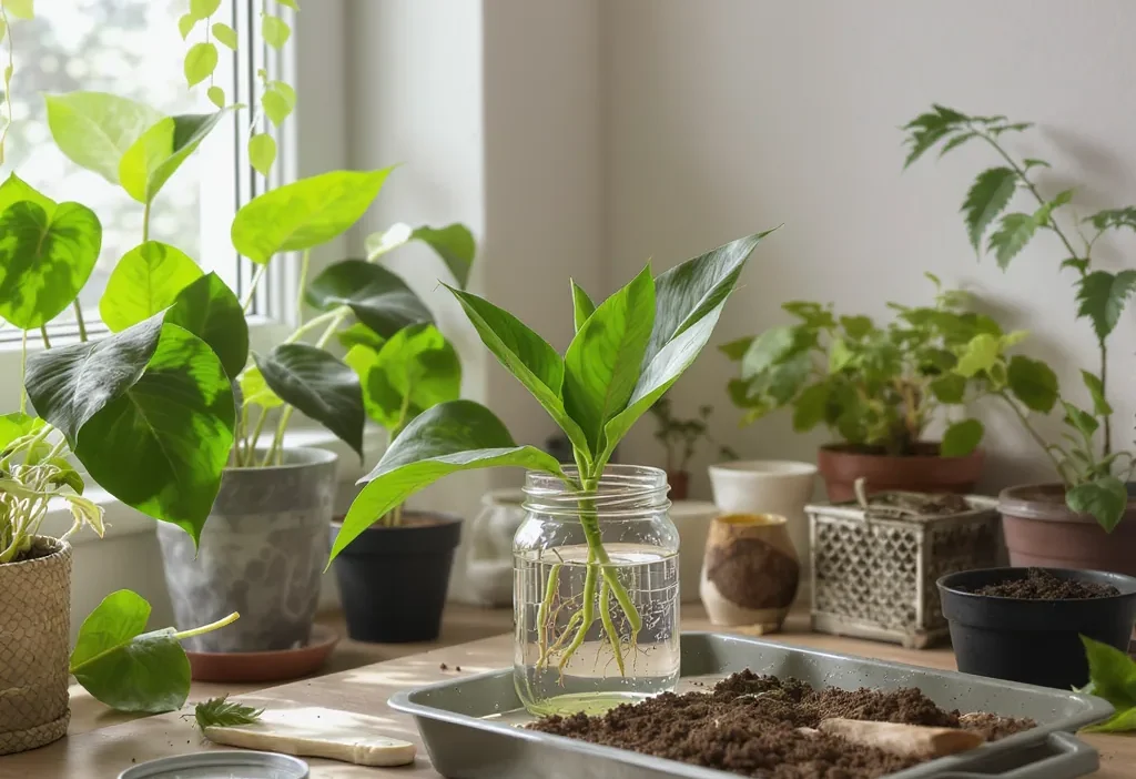 Close-up of a healthy Monstera leaf being cut for propagation with shears.