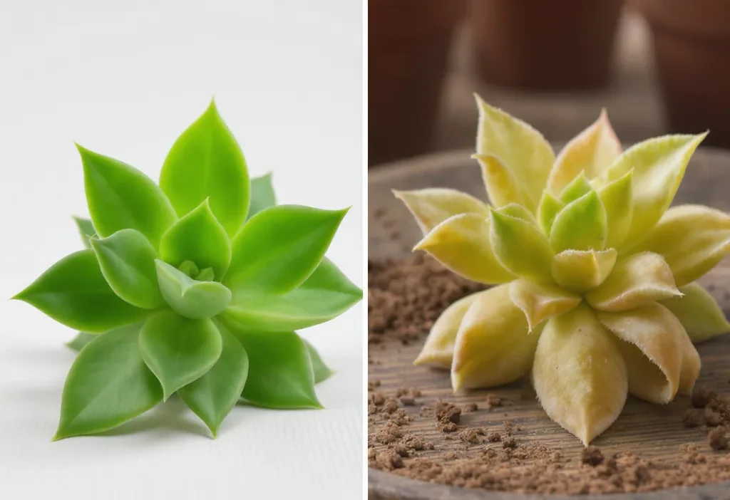 Side-by-side comparison of fresh and callused succulent leaf cuttings for plant propagation.