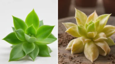 Side-by-side comparison of fresh and callused succulent leaf cuttings for plant propagation.