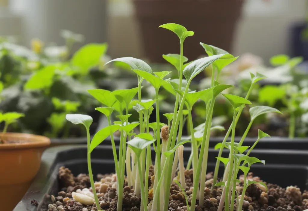 Close-up of leggy, stretched tomato seedlings with thin stems and small leaves, leaning towards a window for light.