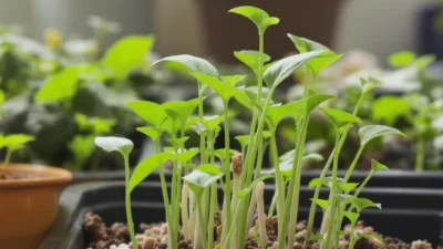 Close-up of leggy, stretched tomato seedlings with thin stems and small leaves, leaning towards a window for light.