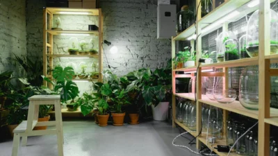 Rooted plant cuttings under a bright grow light for successful propagation.