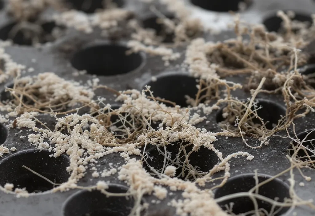 Close-up comparison of white mold, plant callus, and fine root hairs on a stem cutting in a propagation tray.