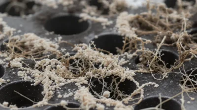 Close-up comparison of white mold, plant callus, and fine root hairs on a stem cutting in a propagation tray.