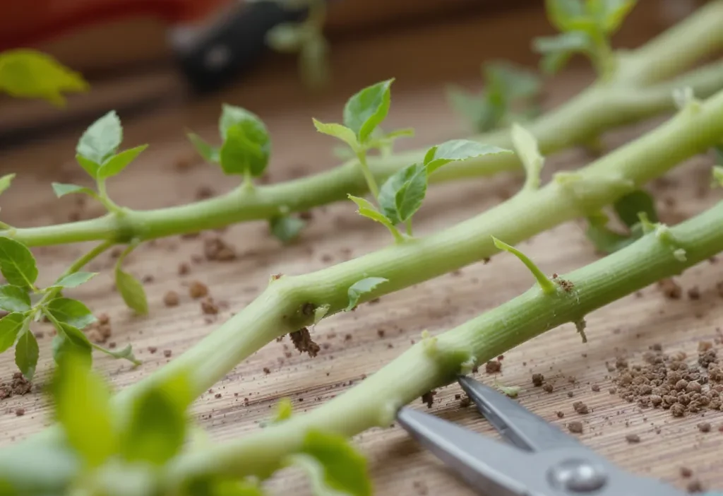 Close-up of incorrect node placement on a plant stem cutting, showing why propagation fails.