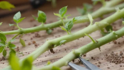 Close-up of incorrect node placement on a plant stem cutting, showing why propagation fails.