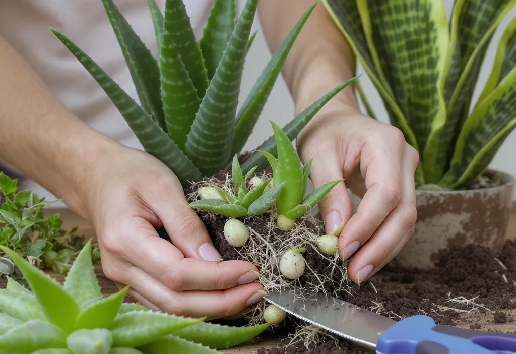 Step-by-step offset propagation checklist for aloe vera and snake plants on a gardening table.