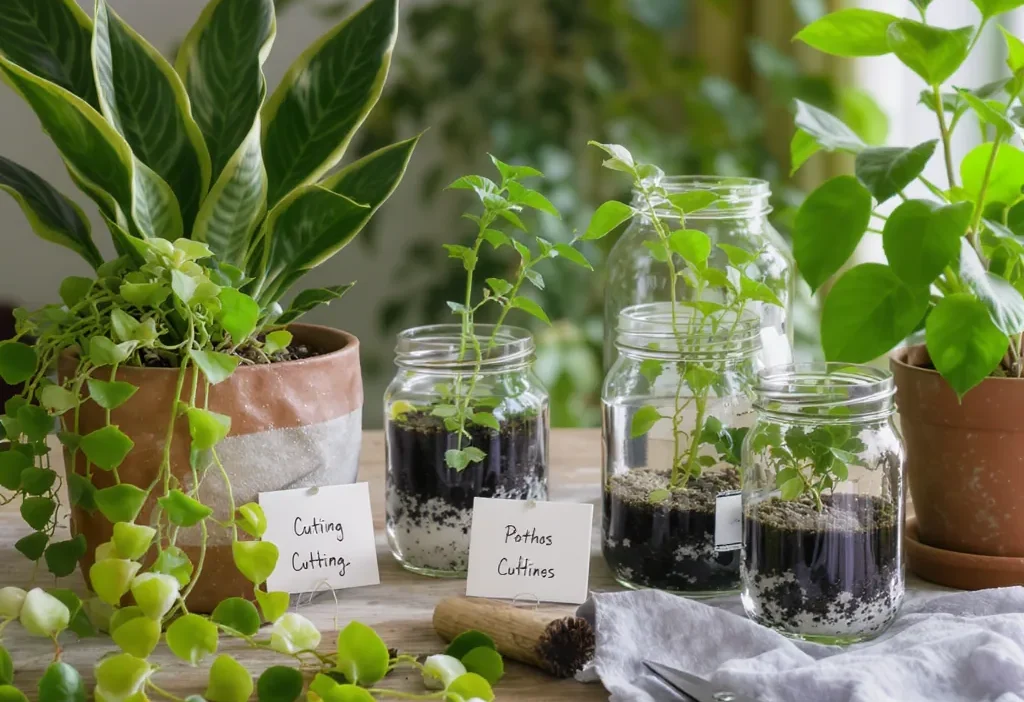 Visual guide comparing plant propagation methods: offsets growing from base versus stem cuttings in water