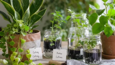 Visual guide comparing plant propagation methods: offsets growing from base versus stem cuttings in water
