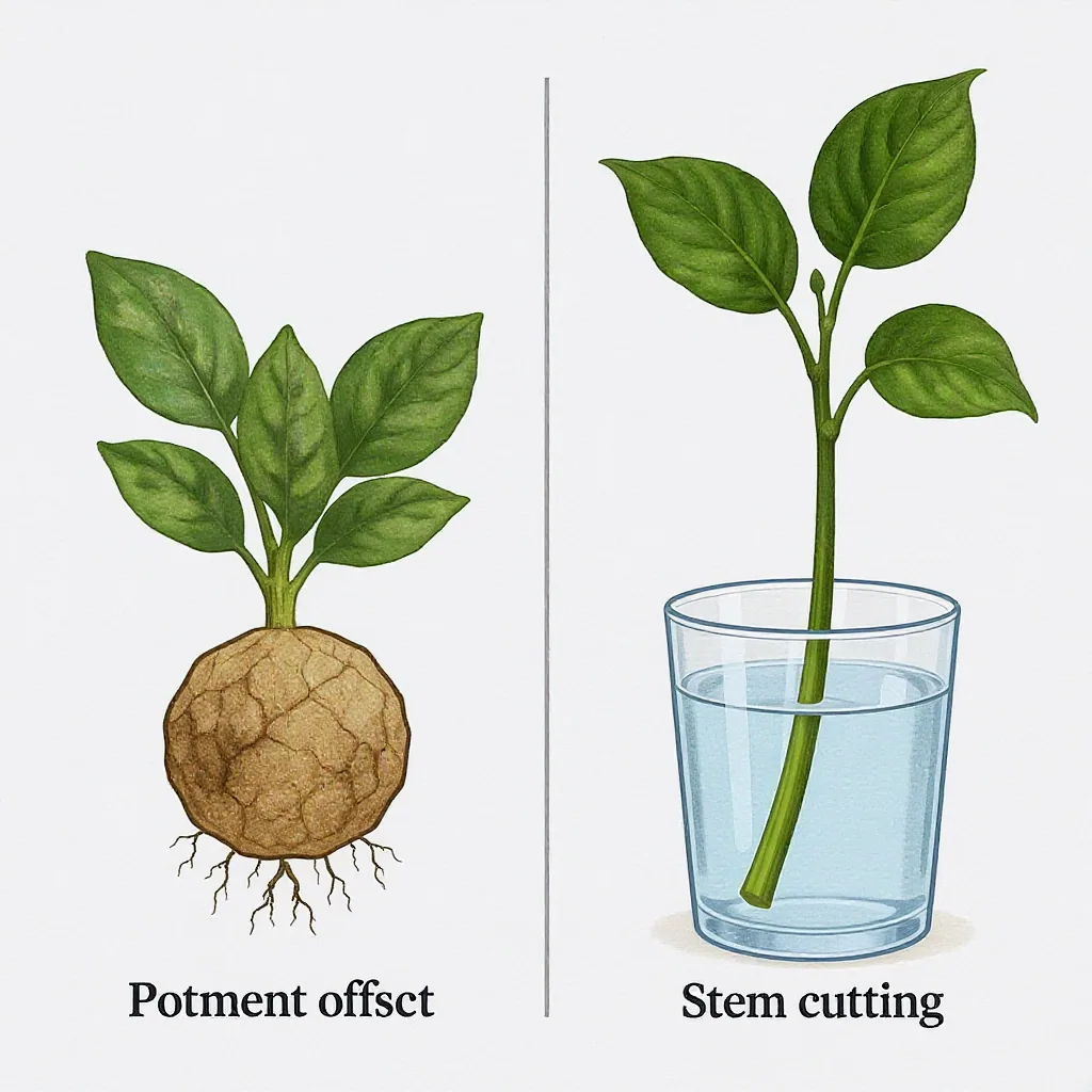 Succulent Offset With Roots Next To Pothos Stem Cutting In