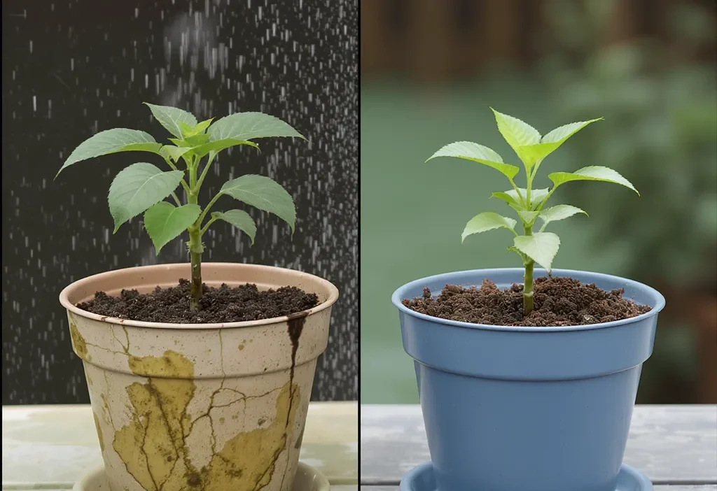 Side-by-side comparison of overwatered and underwatered plant cuttings showing root health differences