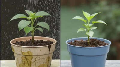 Side-by-side comparison of overwatered and underwatered plant cuttings showing root health differences