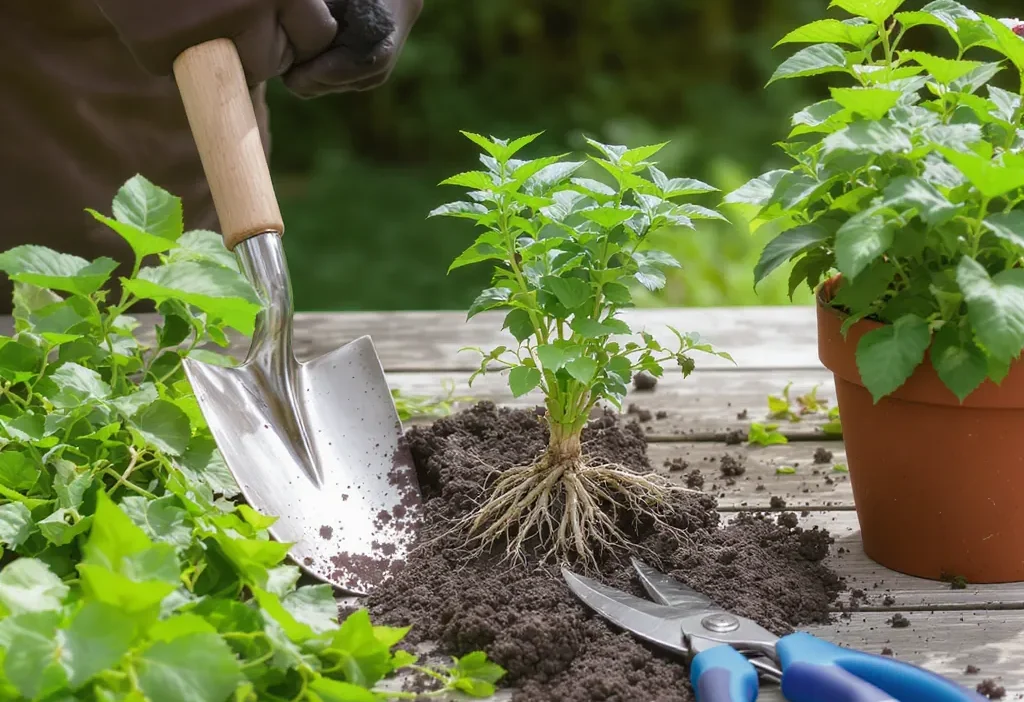 Step-by-step plant division checklist showing preparation, root separation, and replanting in pots.