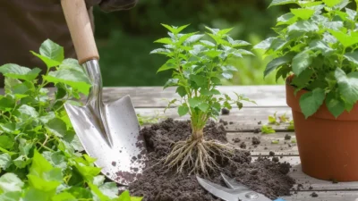 Step-by-step plant division checklist showing preparation, root separation, and replanting in pots.