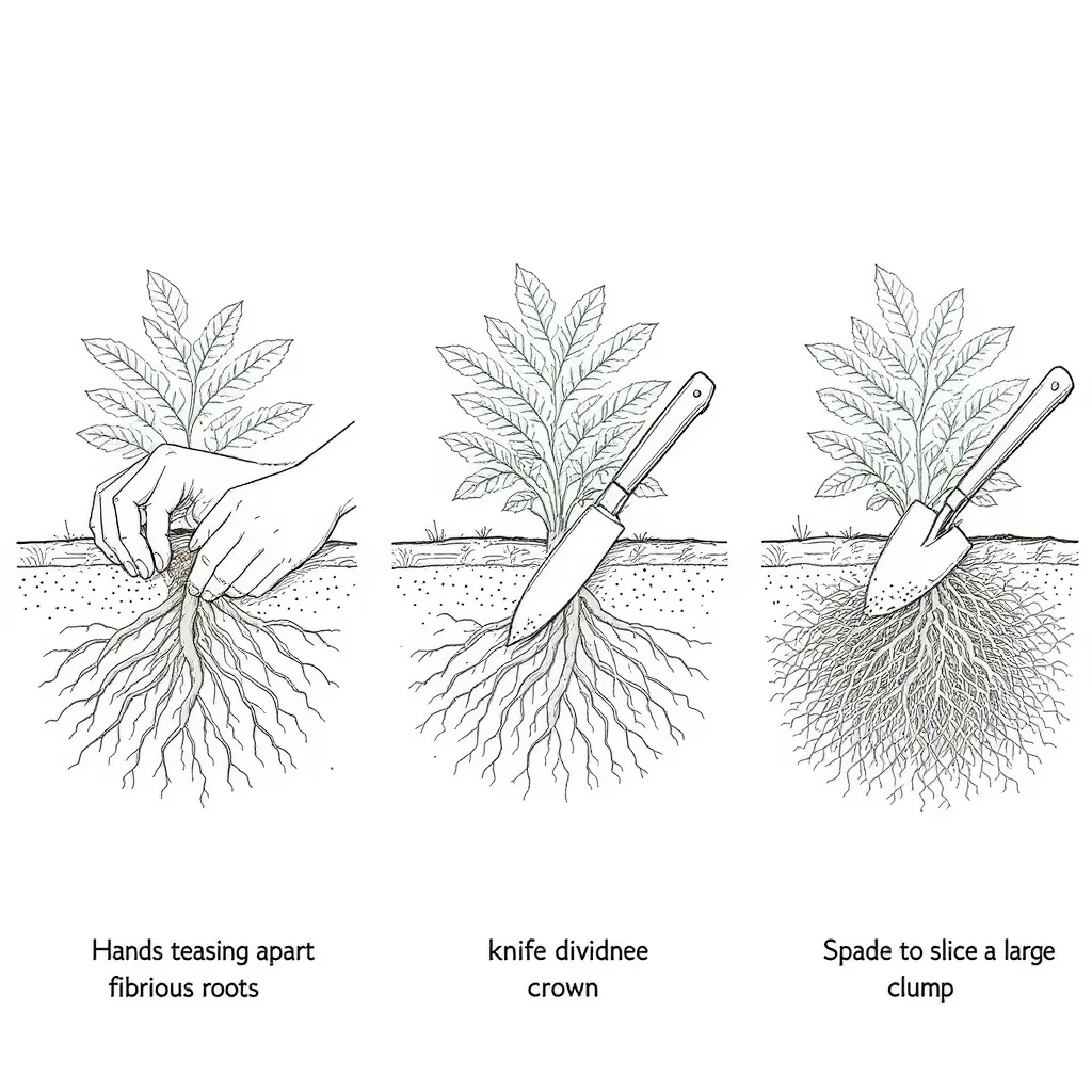 Illustration Comparing Plant Division Methods For Fibrous Roots Dense Crowns