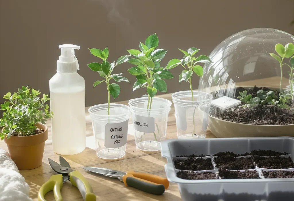 Essential plant propagation setup with tools, containers, and clean workspace for successful cuttings.