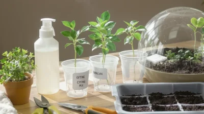 Essential plant propagation setup with tools, containers, and clean workspace for successful cuttings.