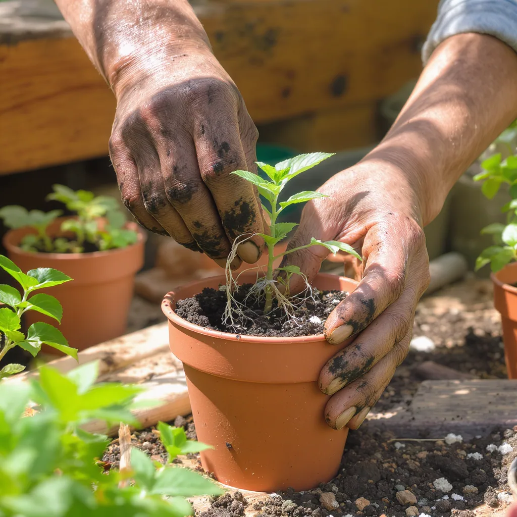 Gardener's Hands Placing A Rooted Plant Cutting Into Small Terracotta