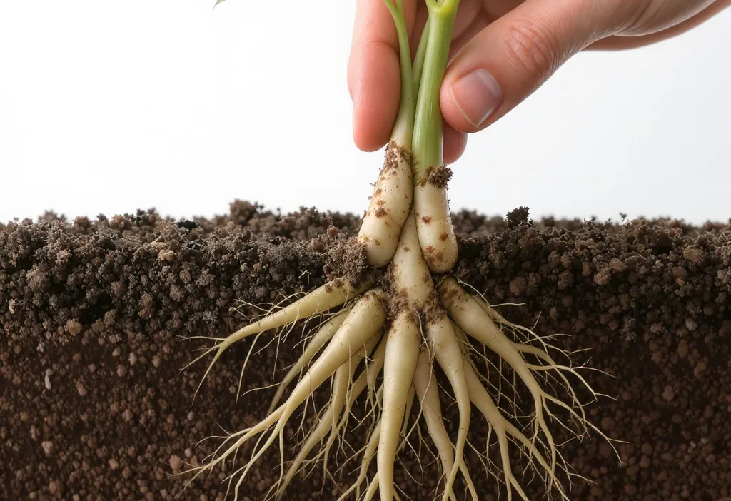 Healthy rhizome section being divided with a clean knife for plant propagation.