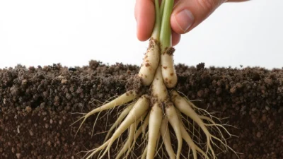 Healthy rhizome section being divided with a clean knife for plant propagation.